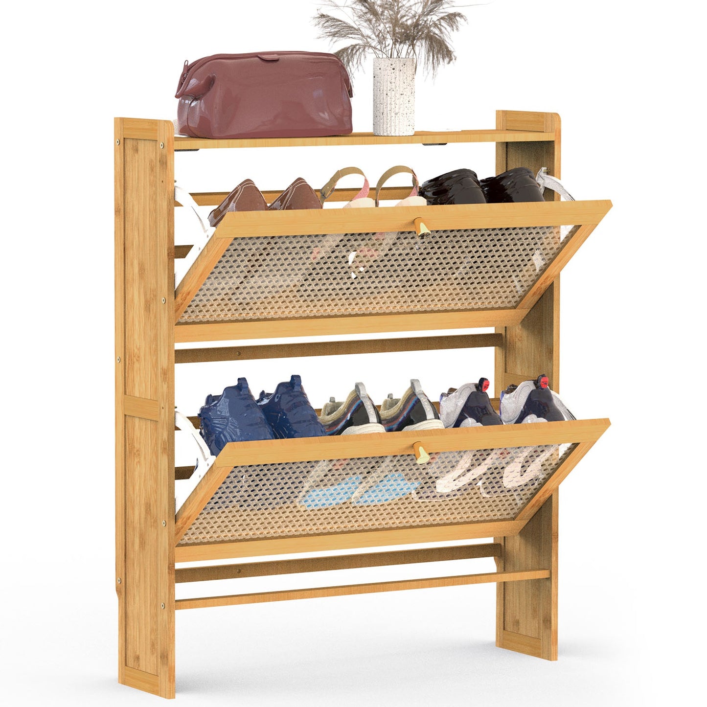 2-Tier Bamboo Shoe Cabinet with Flip Drawers for Entryway