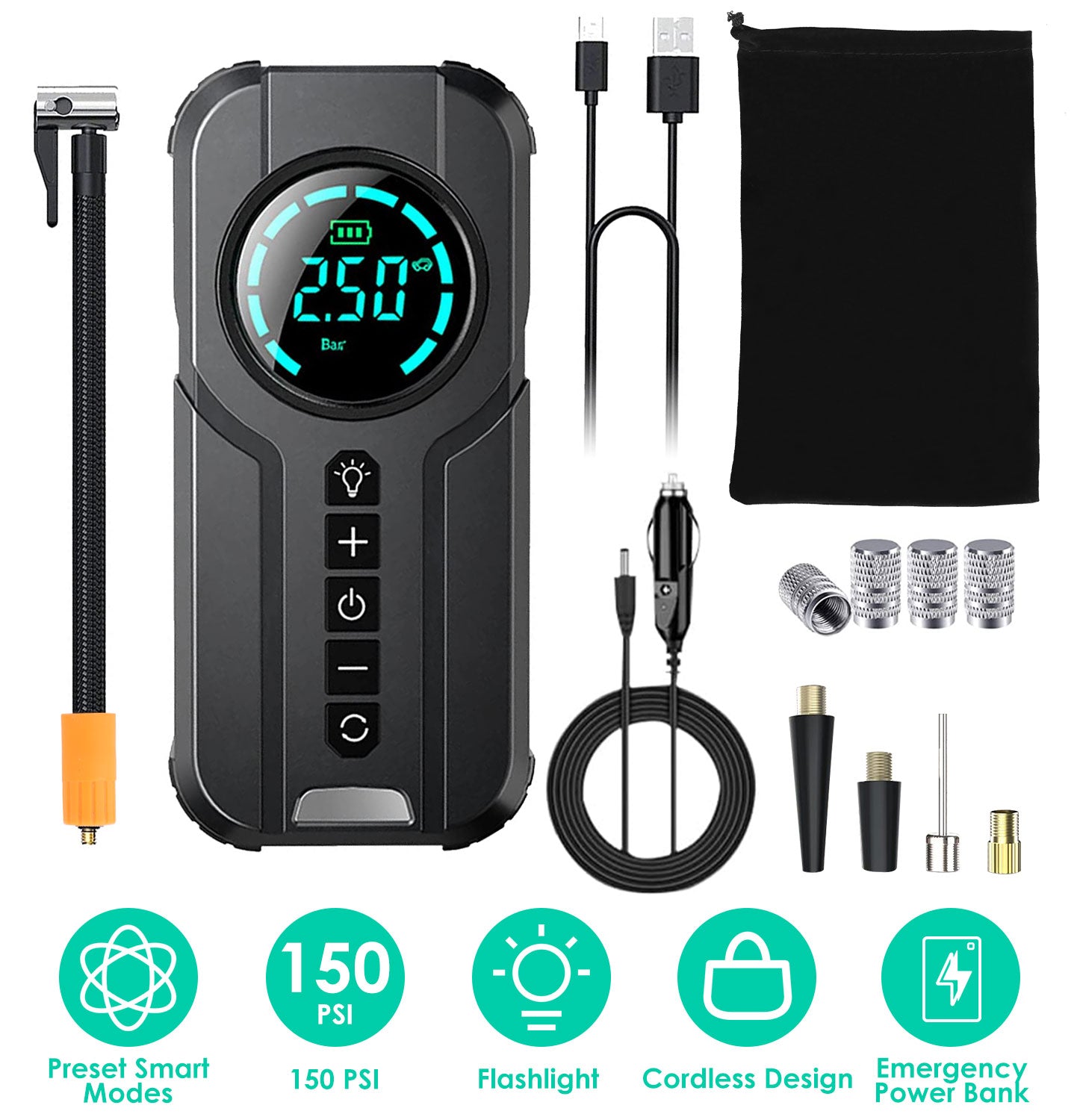 Portable Tire Inflator 150 PSI Wireless Air Compressor with LED