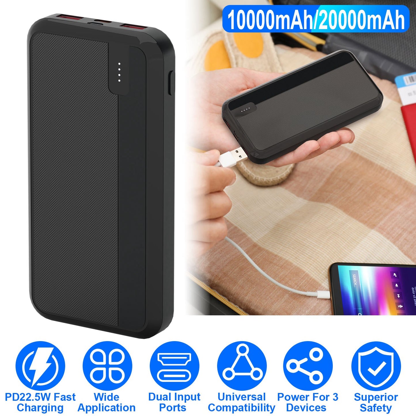 10000mAh Fast Charging Power Bank with PD 22.5W USB-C Cable