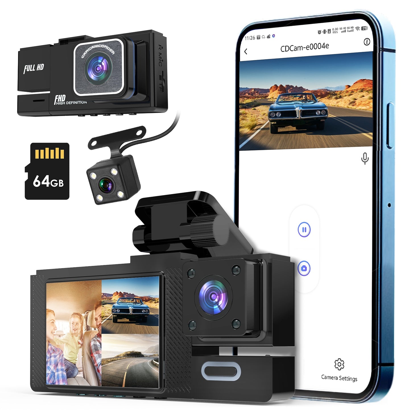 3-Channel Car Dash Cam with WiFi and Night Vision