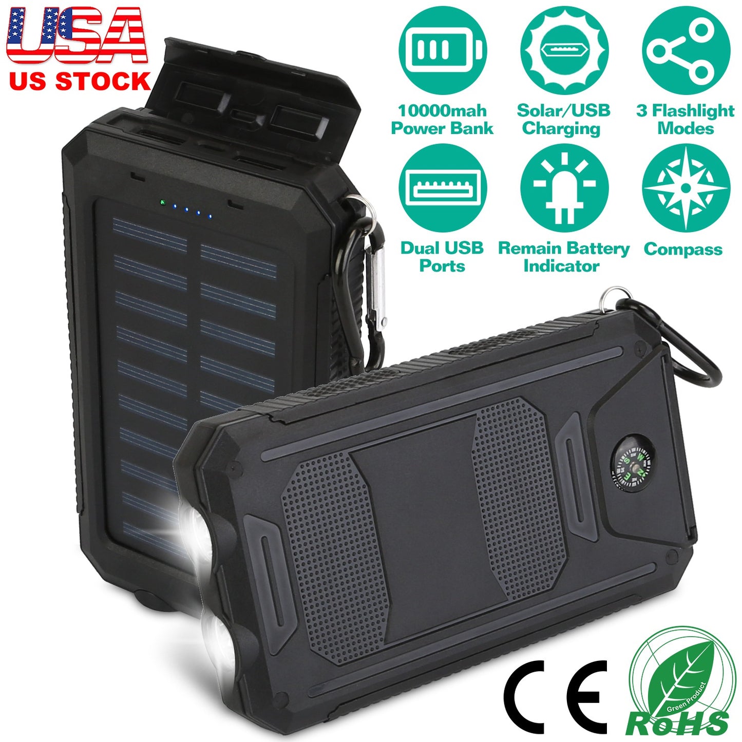 10000mAh Solar Power Bank with Dual USB Ports and LED Flashlight