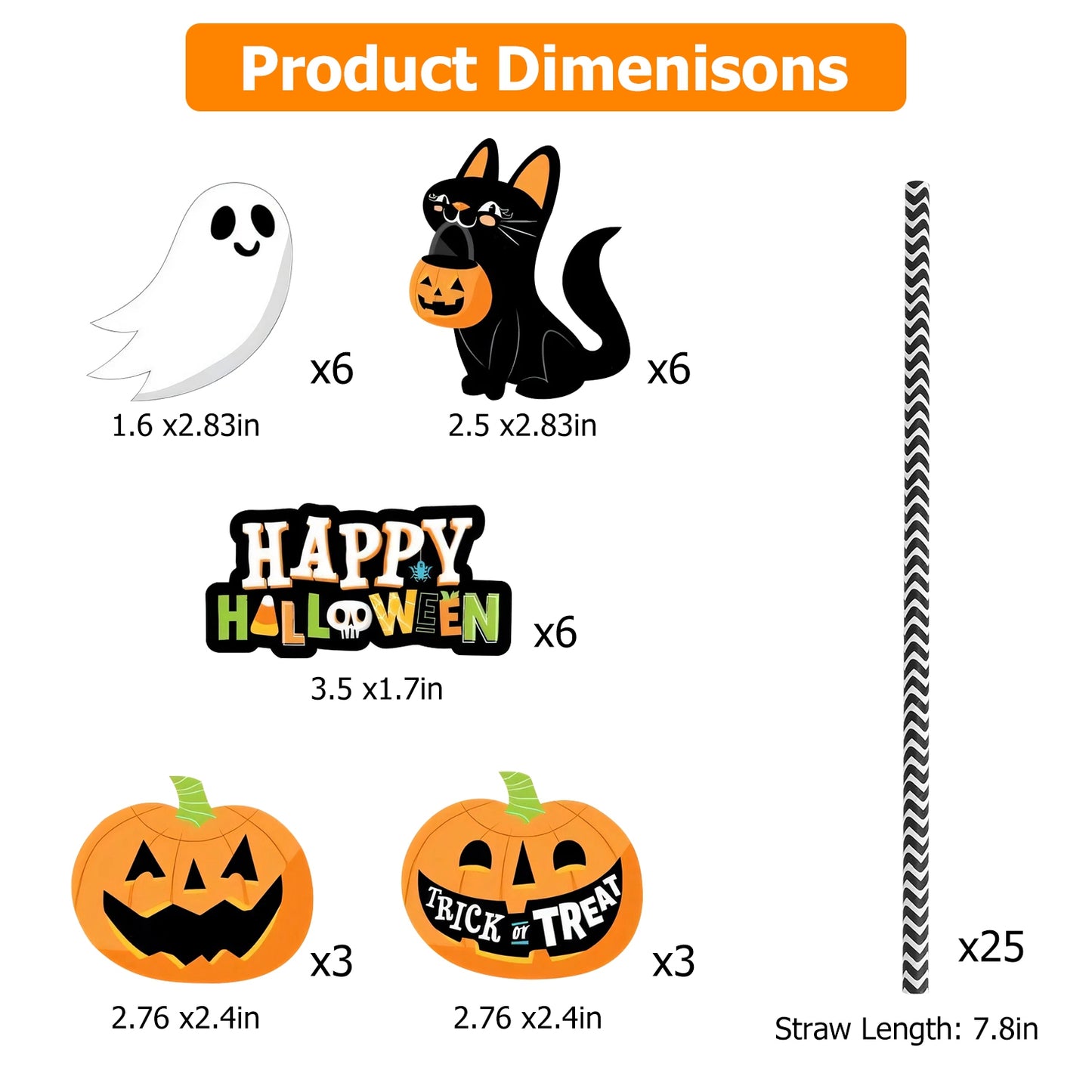 Halloween Party Paper Straws with Decorative Cards - 25 Pack