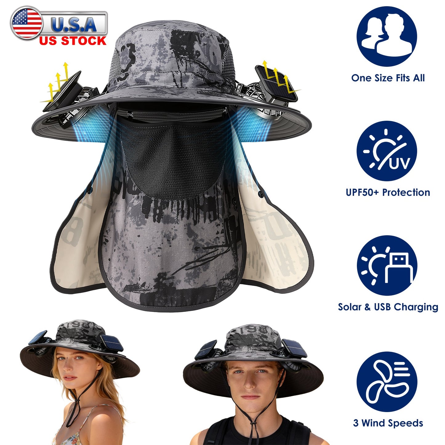 Solar Fan Hat with UPF50+ Sun Protection and Neck Flap