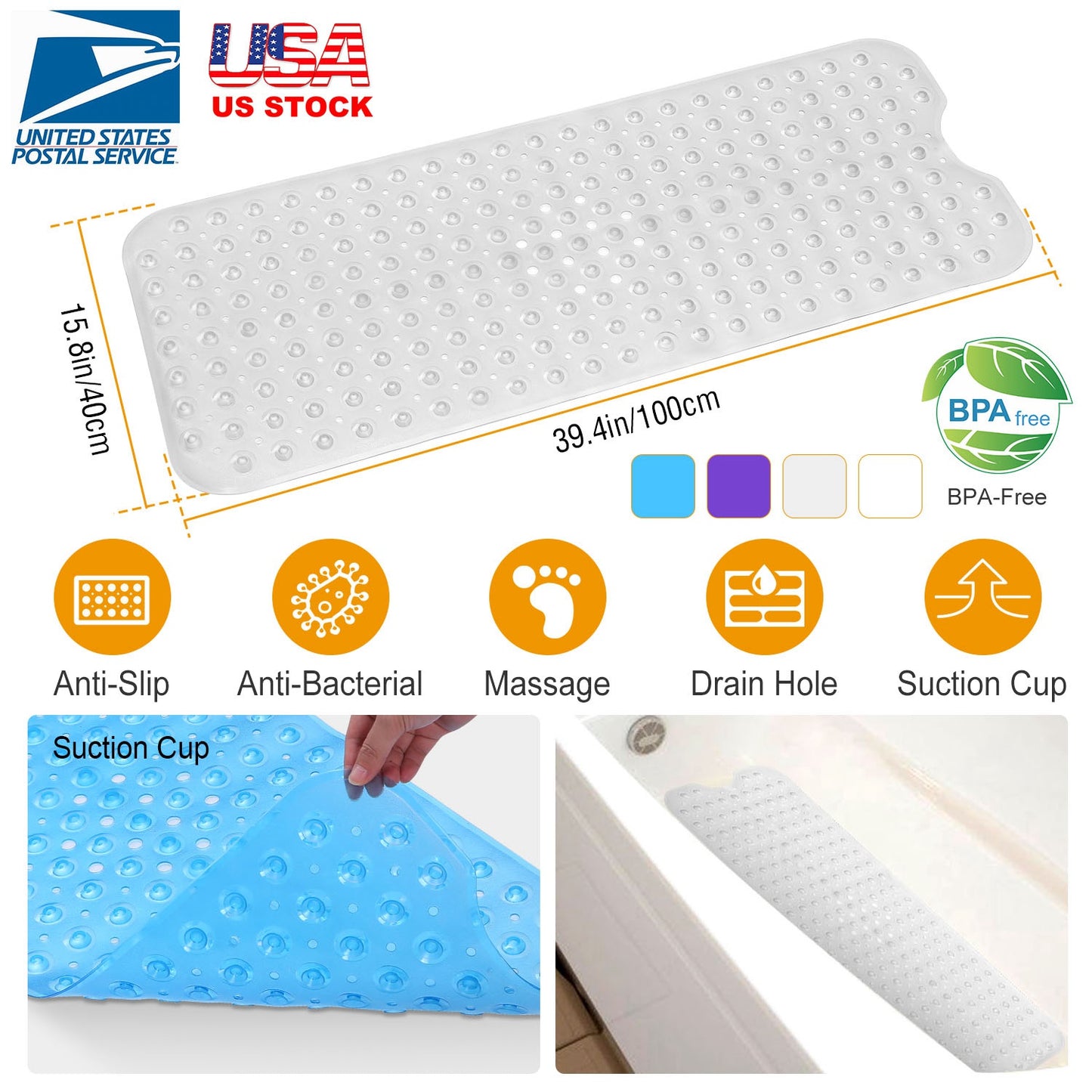 Non-Slip Bath Mat with Suction Cups and Massage Texture
