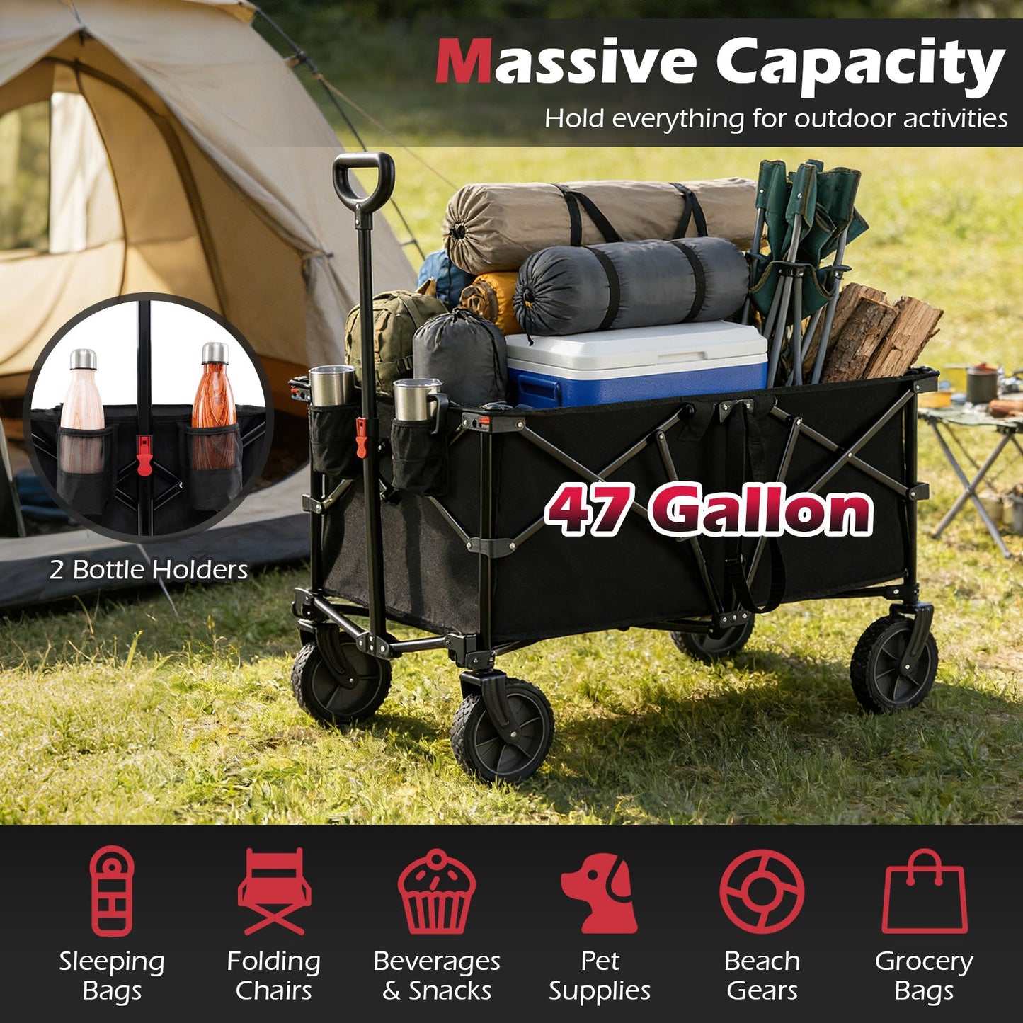 38 Inch 400 LBS Heavy-Duty Collapsible Wagon Cart with Adjustable Handle for Camping Garden-Black