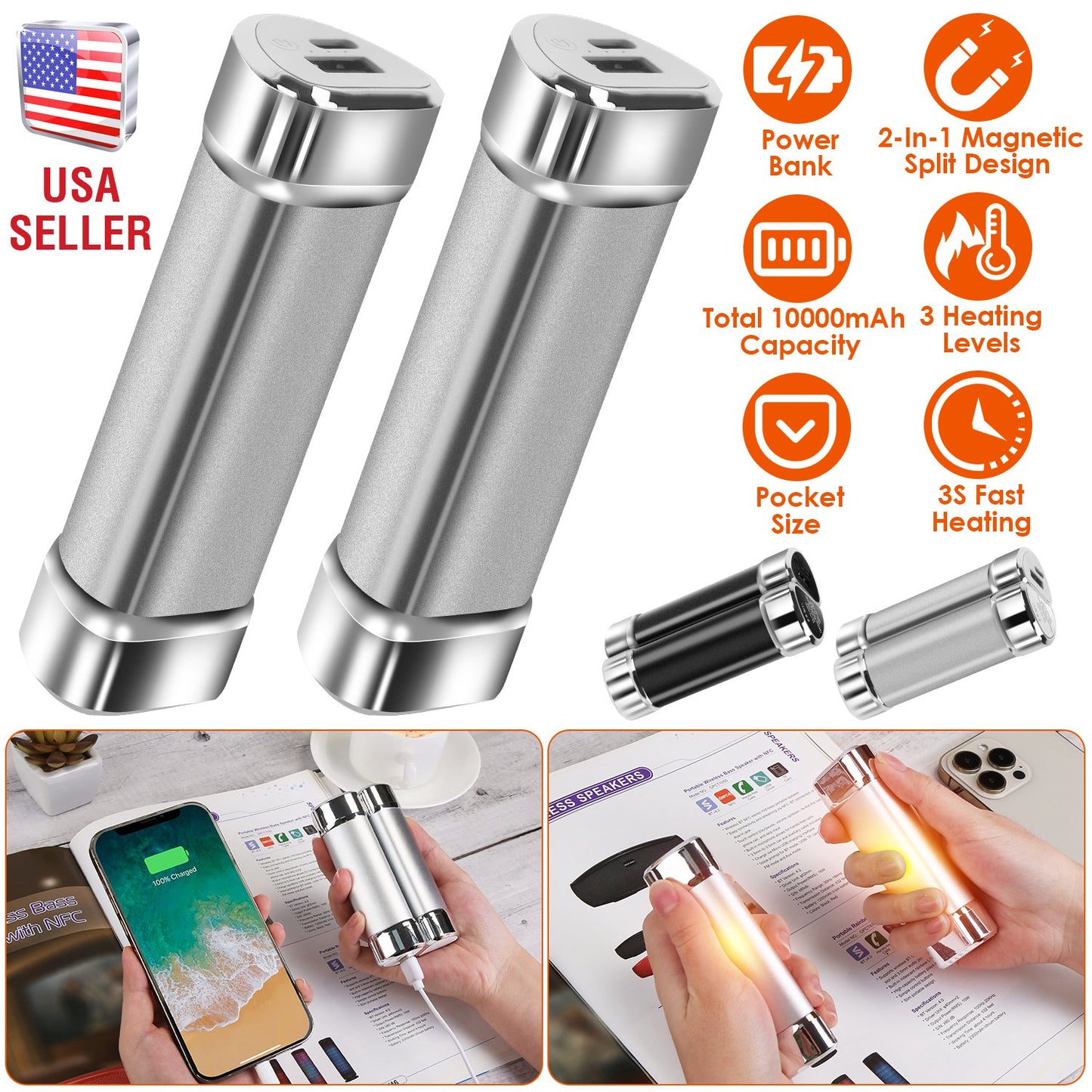 Magnetic Hand Warmers 2-Pack with 10000mAh Power Bank