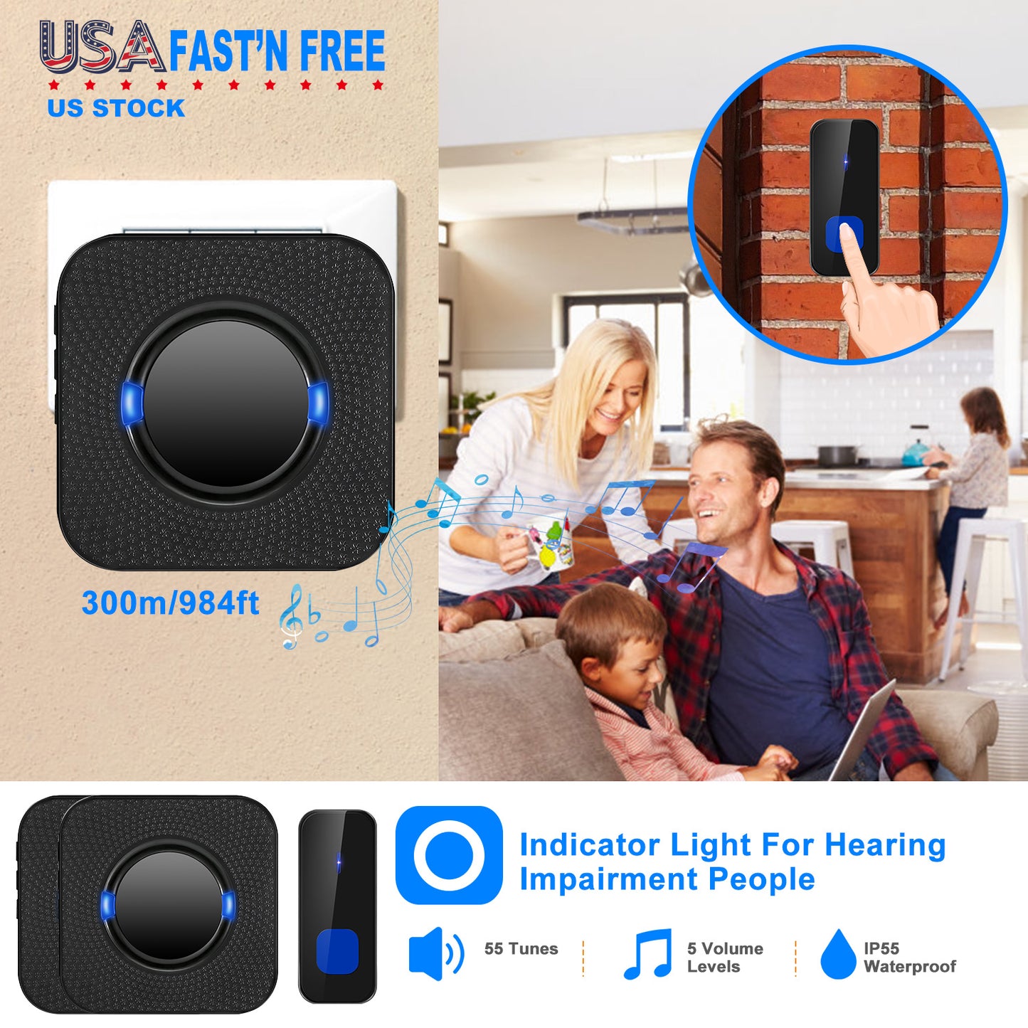 Wireless Doorbell with 984ft Range & 55 Chimes