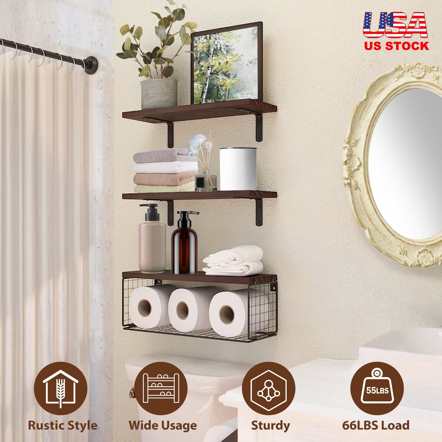 Floating Shelves Wall Mounted with Storage Basket - 3 Tier Wood