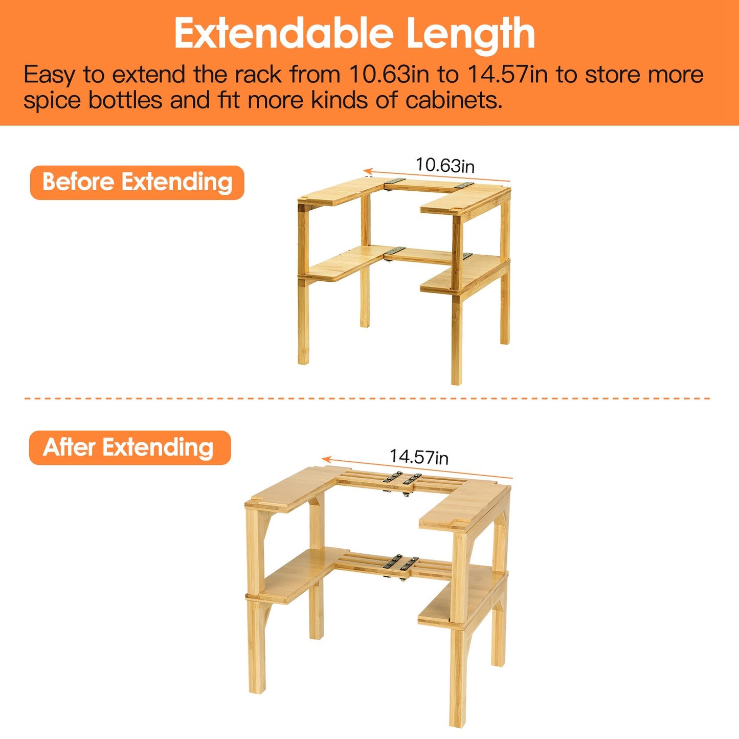 2-Tier Expandable Bamboo Spice Rack Organizer for Cabinet