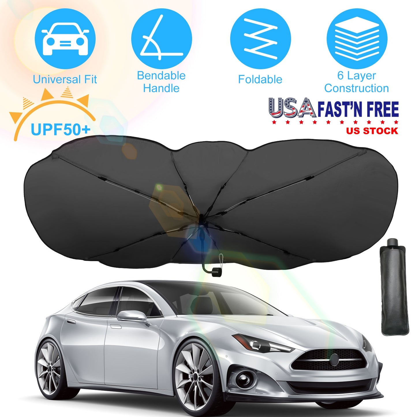 Foldable Car Windshield Sun Umbrella 57x33" UPF50+ Silver
