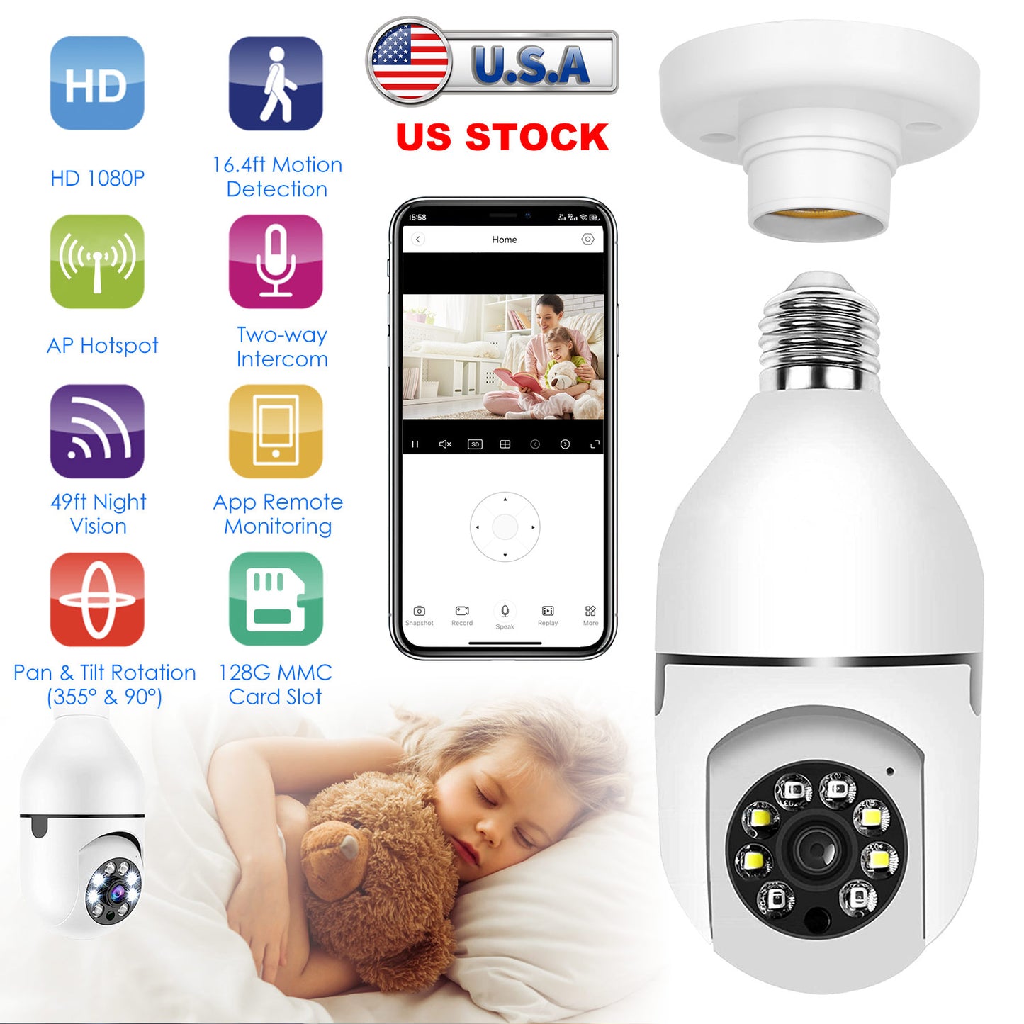 E27 WiFi Bulb Security Camera 1080P with Night Vision
