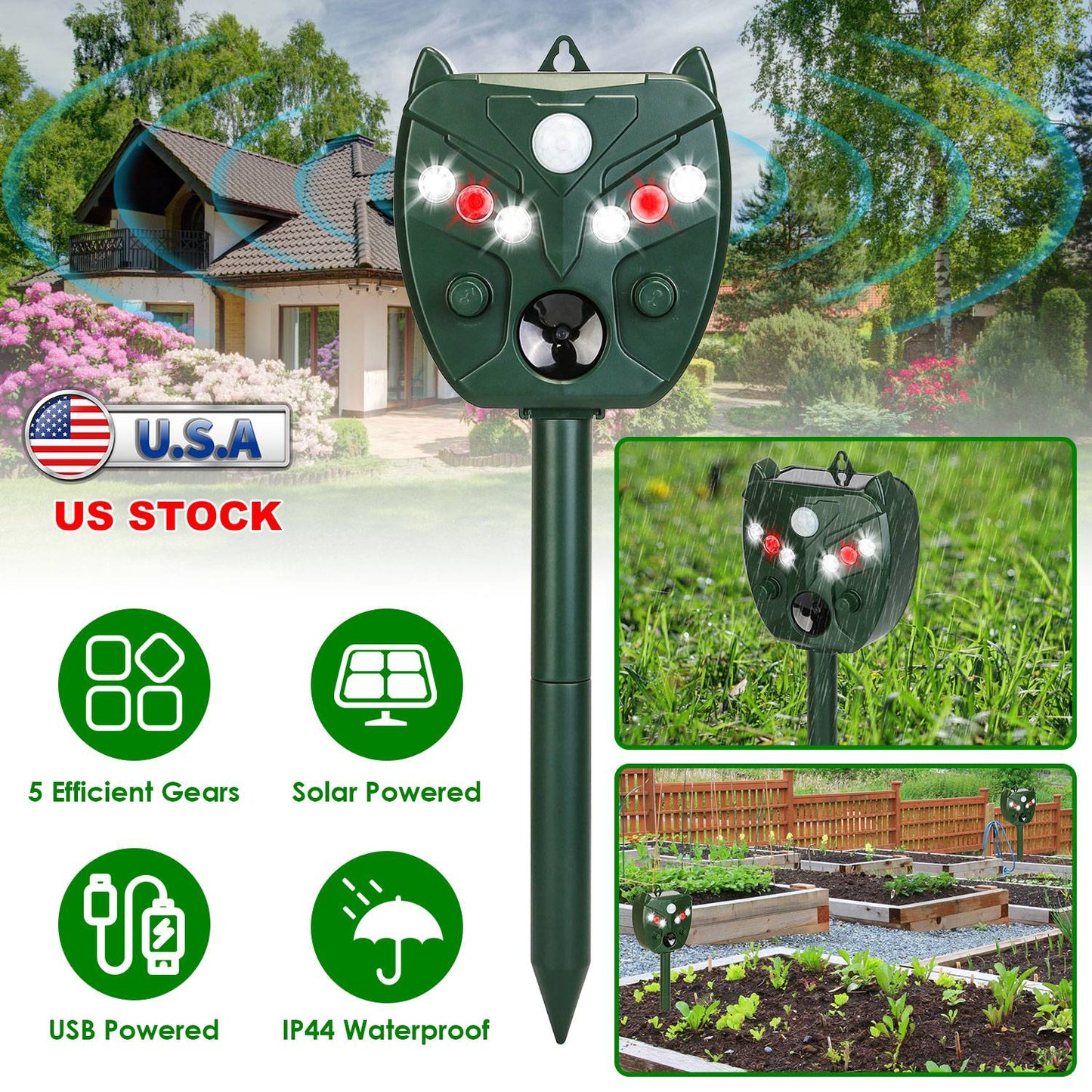 Solar Ultrasonic Animal Repeller with 5 Adjustable Modes