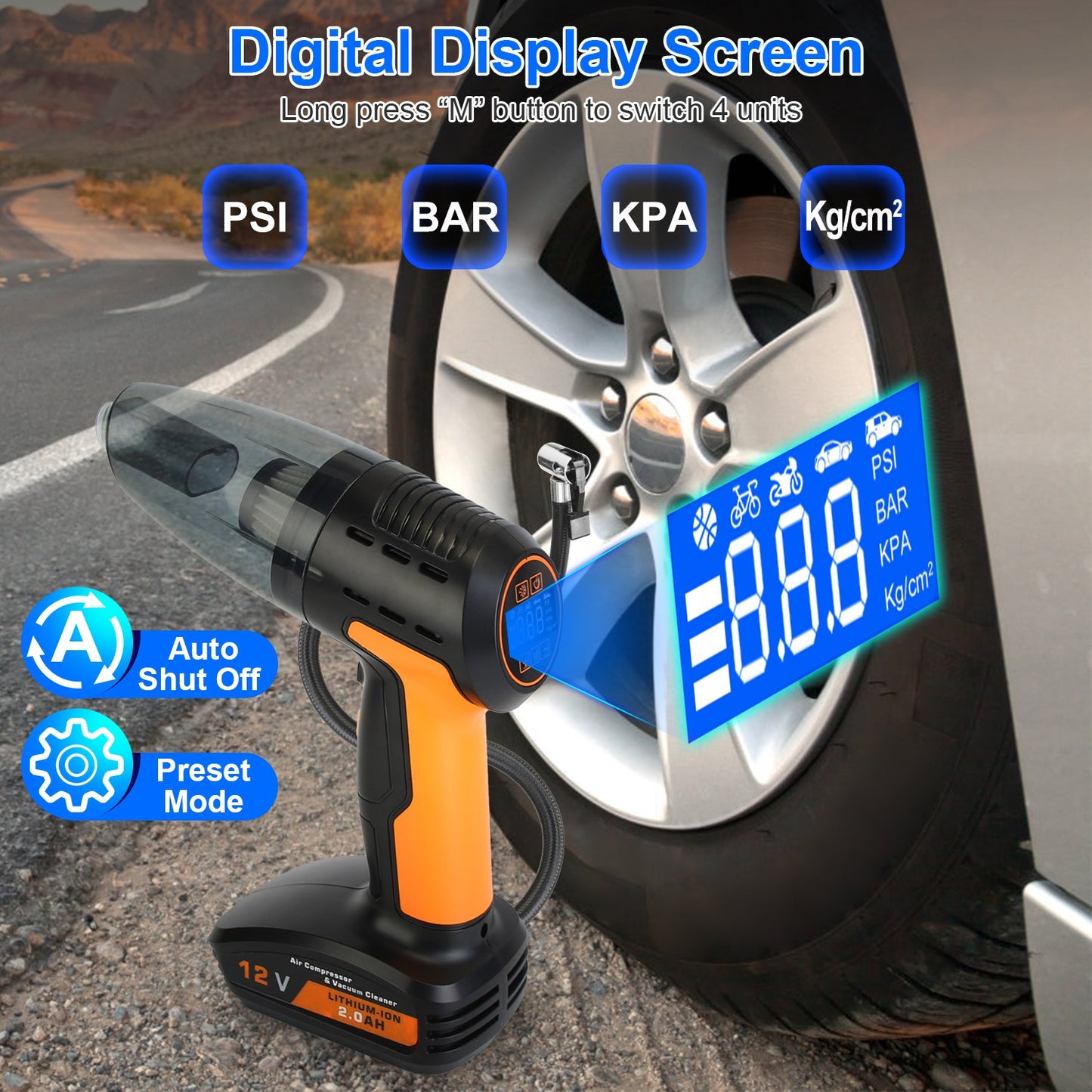 4-in-1 Cordless Car Vacuum Cleaner & Tire Inflator with LED