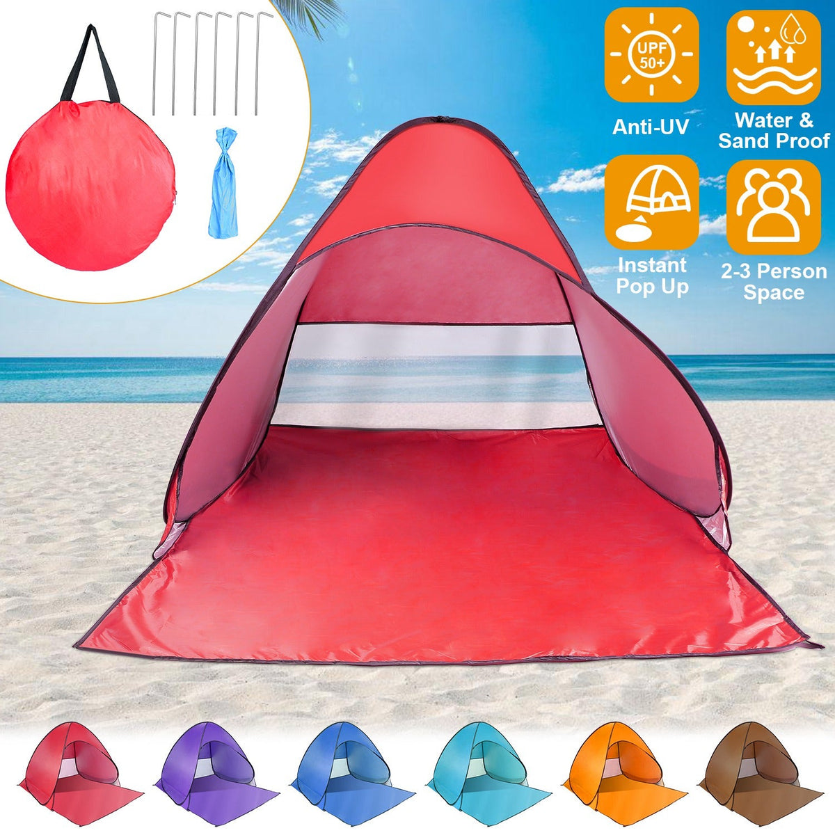 Pop Up Beach Tent Sun Shade Shelter Anti-UV Automatic Waterproof Tent Canopy for 2/3 Man w/ Net Window Storage Bag for Outdoor Beach Camping Fishing P
