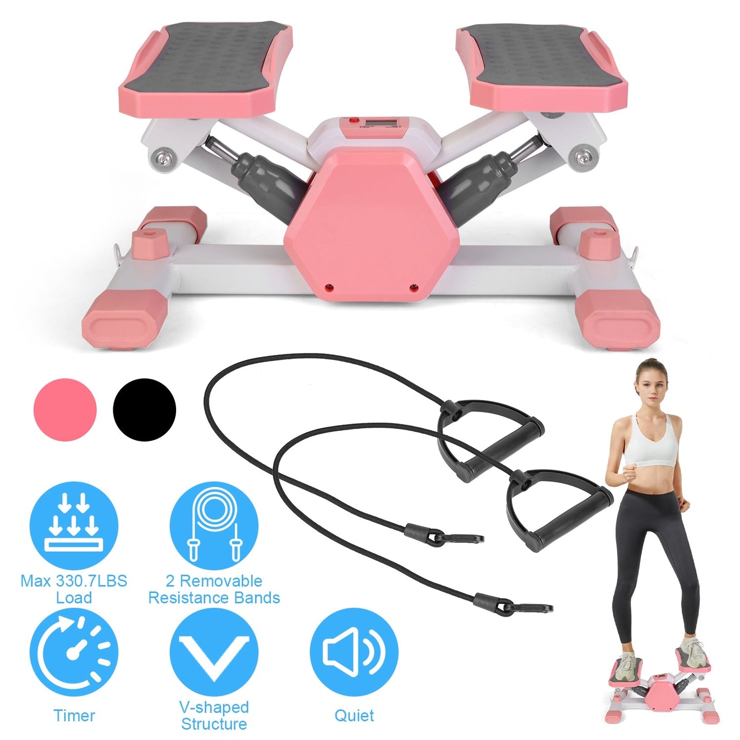 Mini Stepper Stair Stepper With Resistance Bands Quiet Workout Stepper with Digital Timer Max 330.7LBS Load for Home