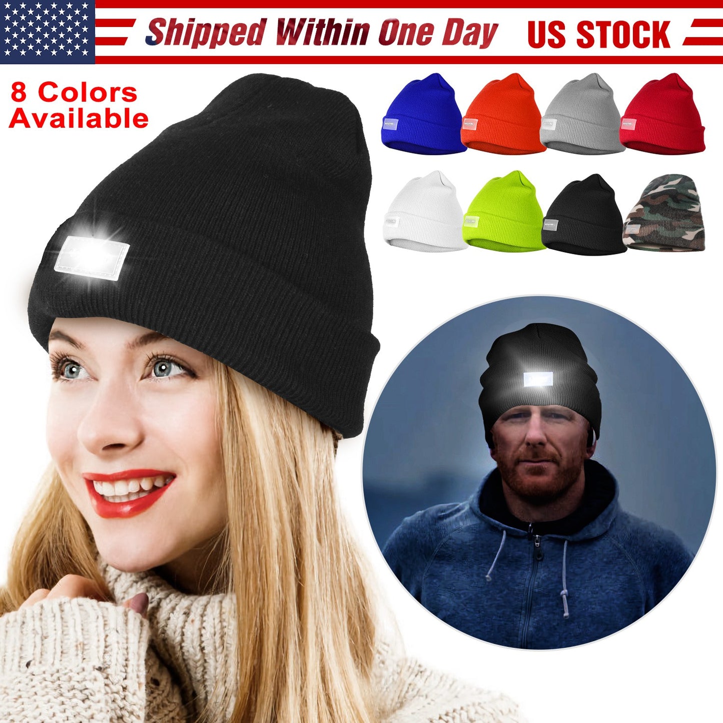 LED Knitted Beanie with Built-In Headlamp for Hands-Free Light