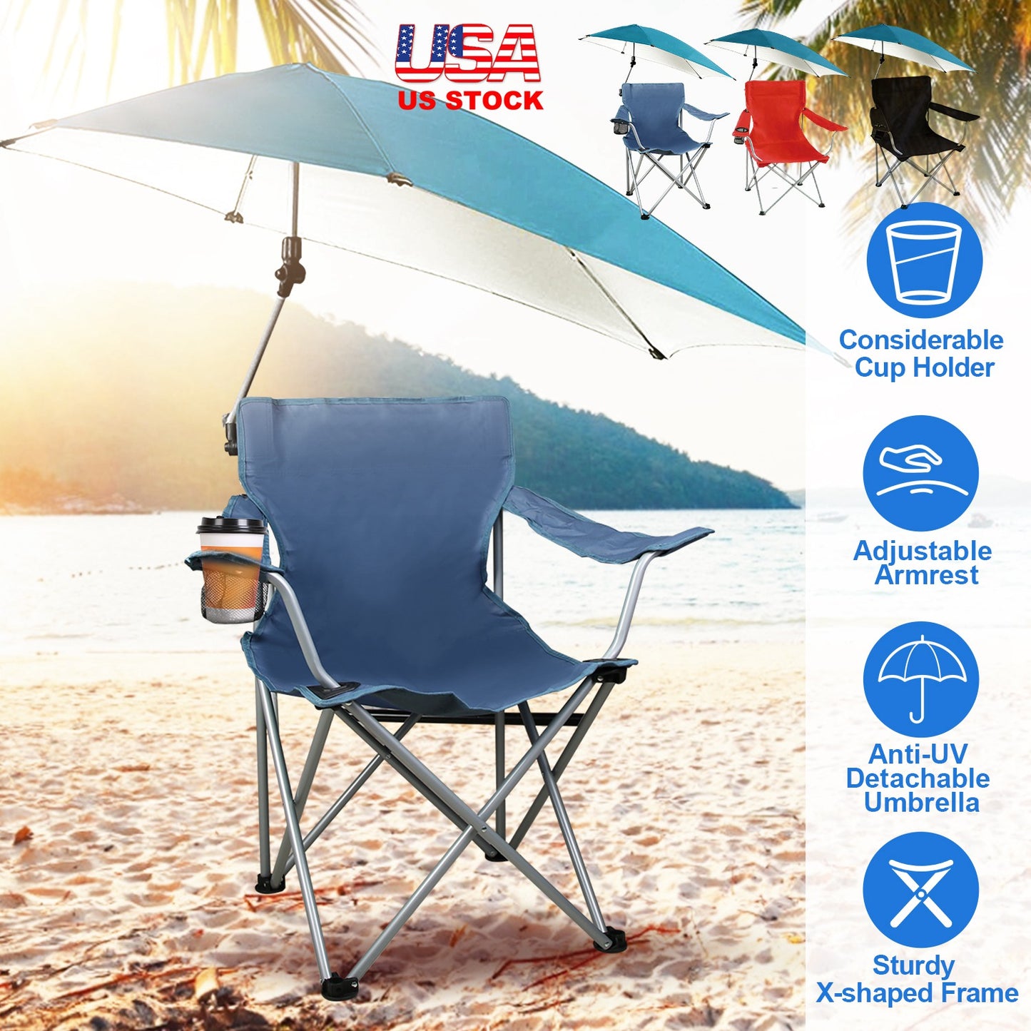 Folding Beach Chair with Detachable Umbrella and Cup Holder