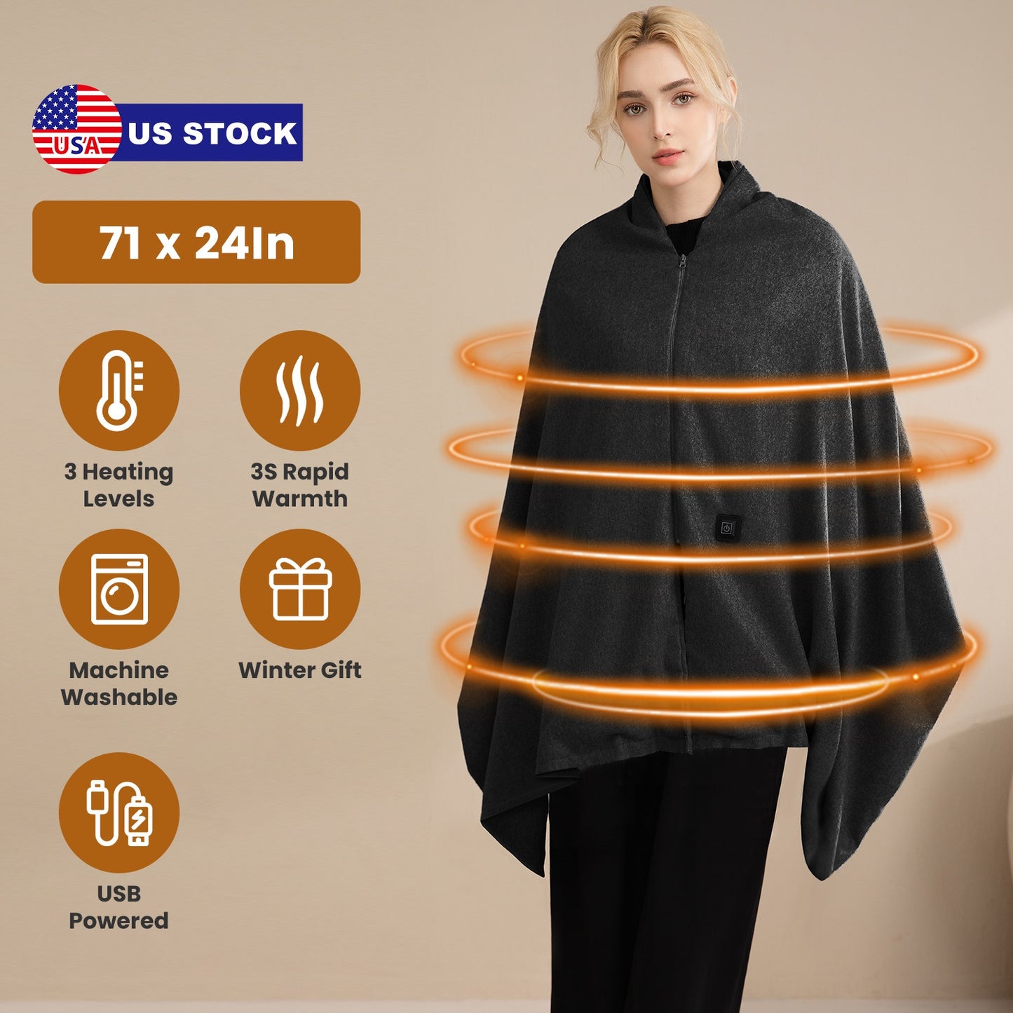 USB Heated Shawl with 3 Heat Levels and Zipper