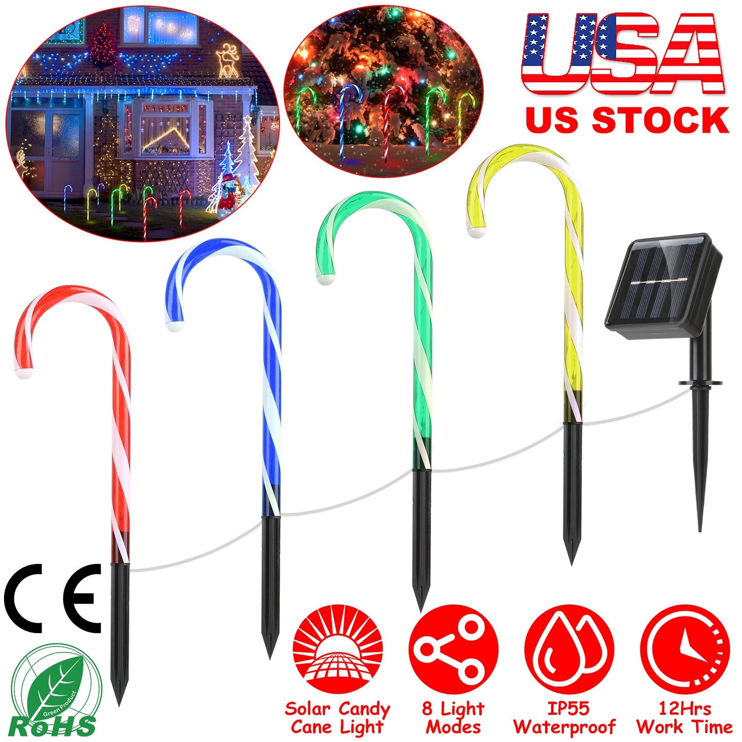 Solar Candy Cane Pathway Lights - 4 Pack with 8 Light Modes