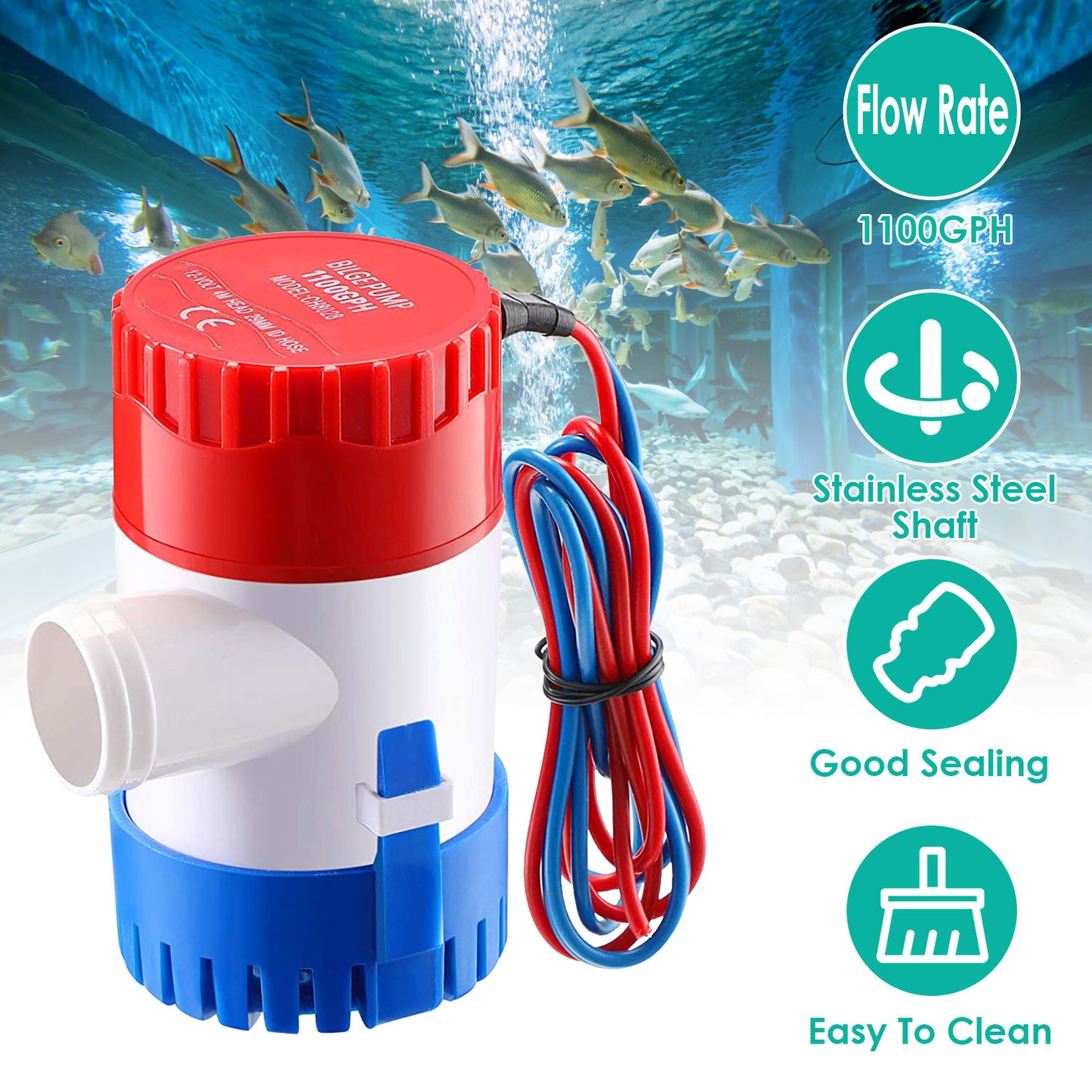 12V Submersible Bilge Pump 1100GPH Marine Water Drainage