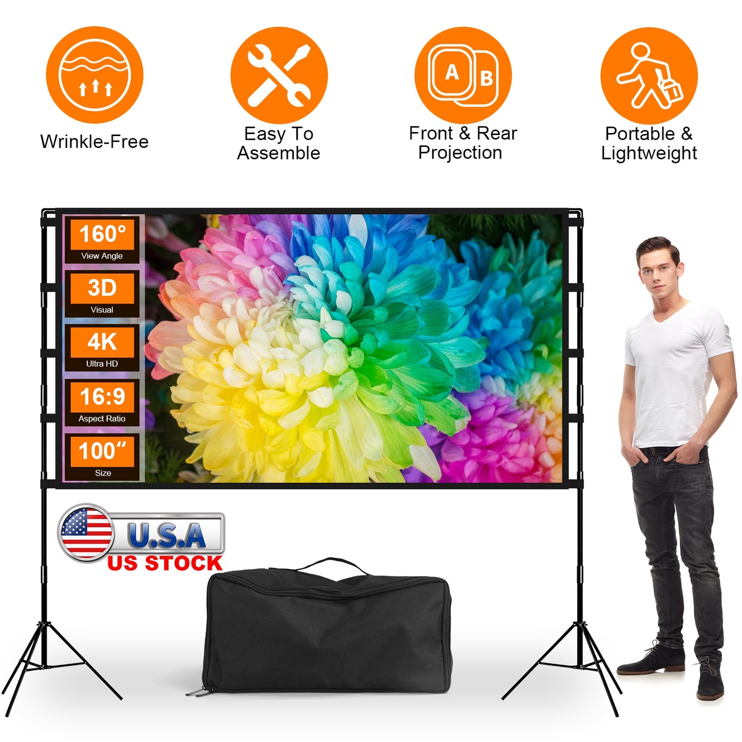 100" Projector Screen with Stand - 16:9 4K HD Portable