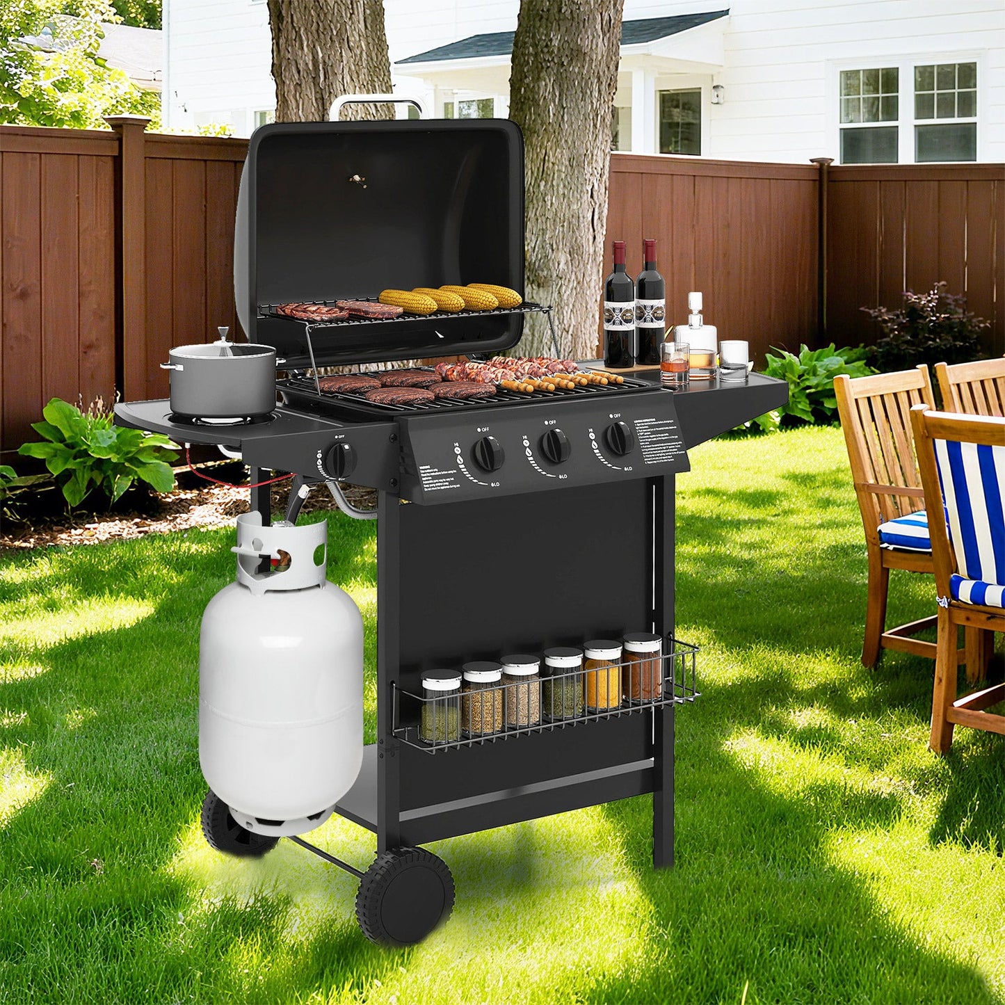 39 000 BTU Outdoor Burner Propane Gas Grill on Wheels-Black
