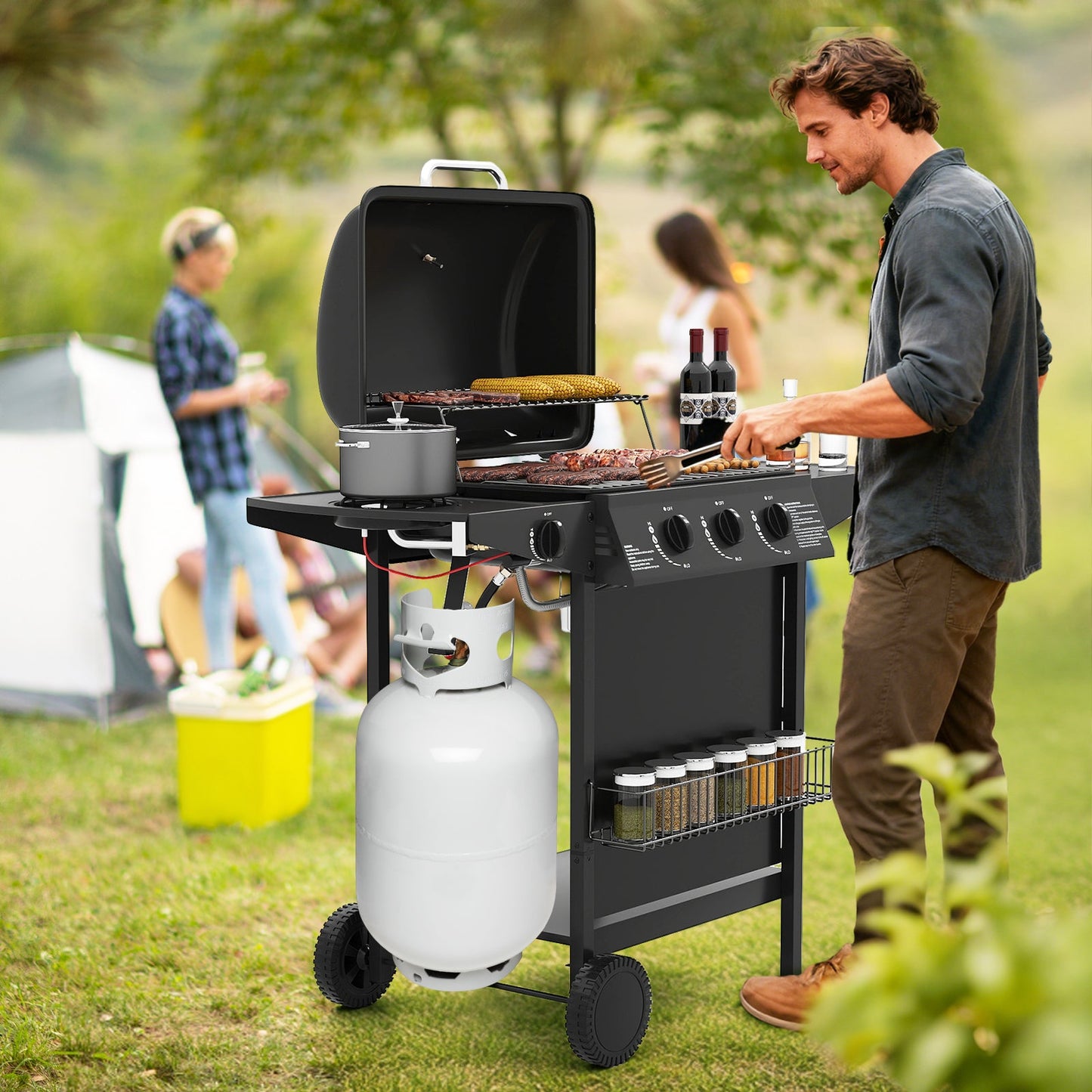 39 000 BTU Outdoor Burner Propane Gas Grill on Wheels-Black