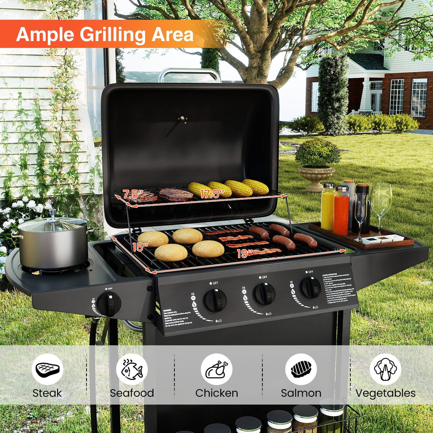 39 000 BTU Outdoor Burner Propane Gas Grill on Wheels-Black