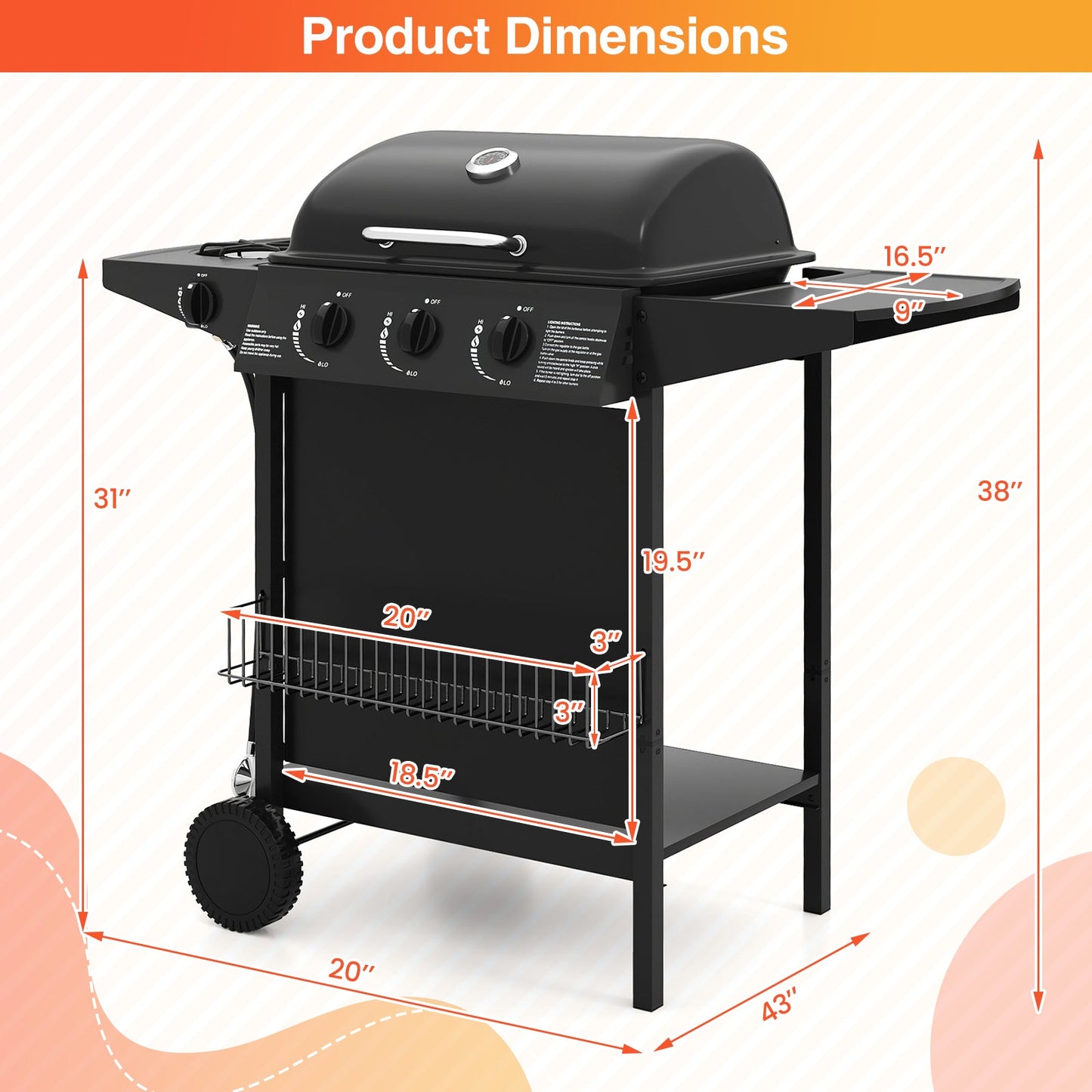 39 000 BTU Outdoor Burner Propane Gas Grill on Wheels-Black