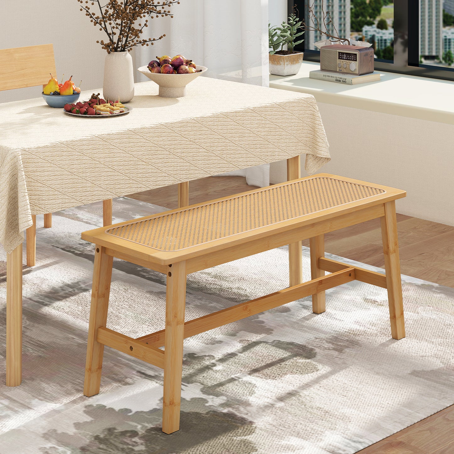 Bamboo Dining Bench with Handwoven Rattan Seat 39.5 Inch