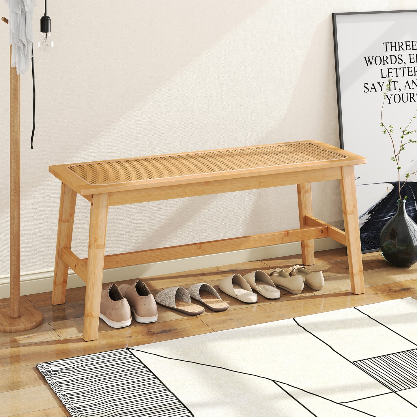Bamboo Dining Bench with Handwoven Rattan Seat 39.5 Inch
