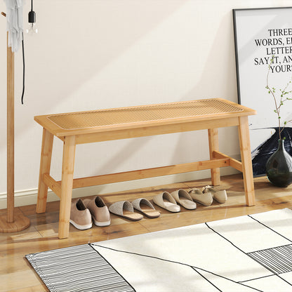 Bamboo Dining Bench with Handwoven Rattan Seat 39.5 Inch