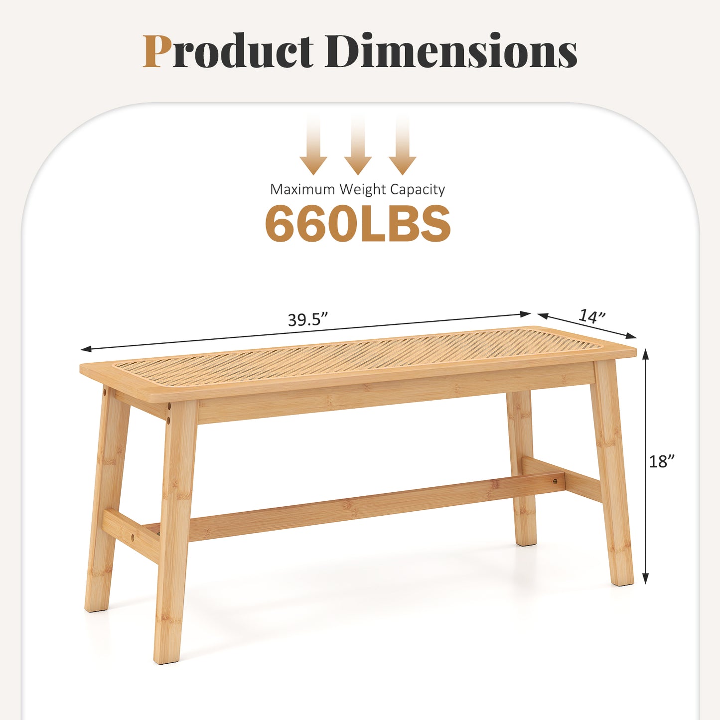 Bamboo Dining Bench with Handwoven Rattan Seat 39.5 Inch