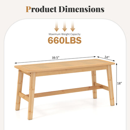Bamboo Dining Bench with Handwoven Rattan Seat 39.5 Inch