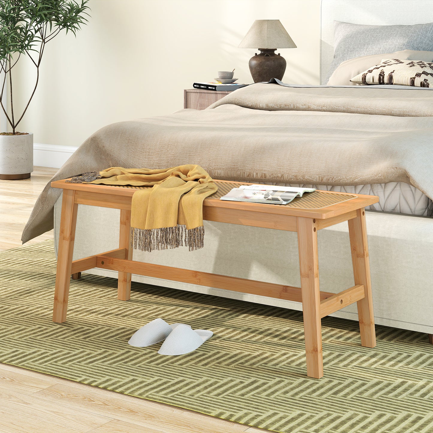 Bamboo Dining Bench with Handwoven Rattan Seat 39.5 Inch