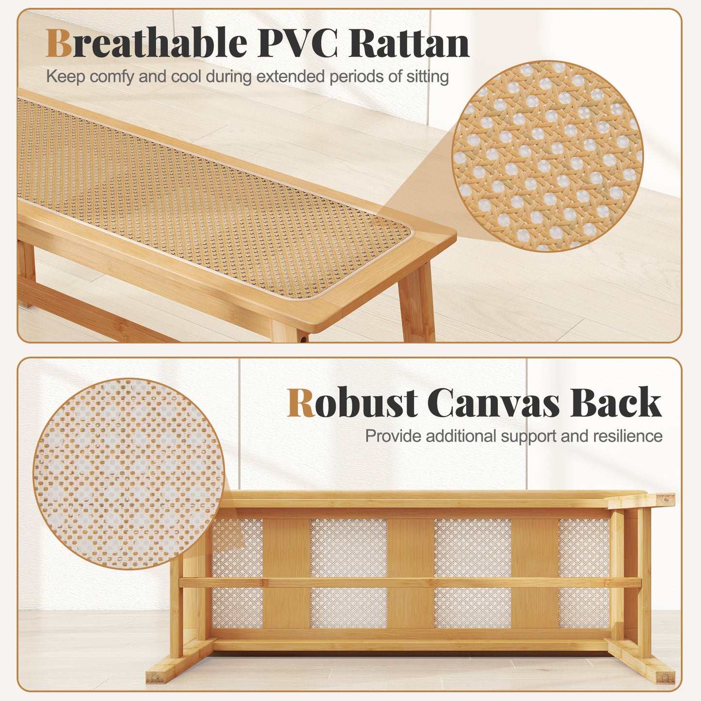 Bamboo Dining Bench with Handwoven Rattan Seat 39.5 Inch