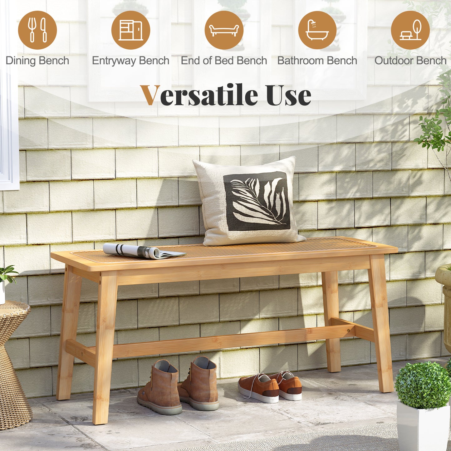 Bamboo Dining Bench with Handwoven Rattan Seat 39.5 Inch