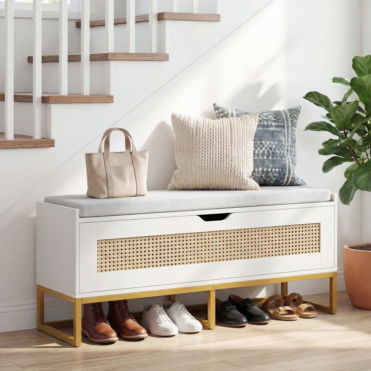 39.5" Rattan Storage Chest Wicker Shoe Bench with Padded Seat Flip-Top
