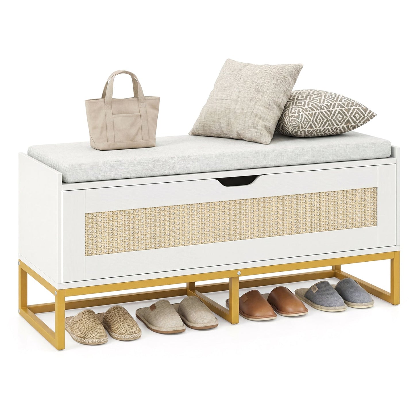 39.5" Rattan Storage Chest Wicker Shoe Bench with Padded Seat Flip-Top