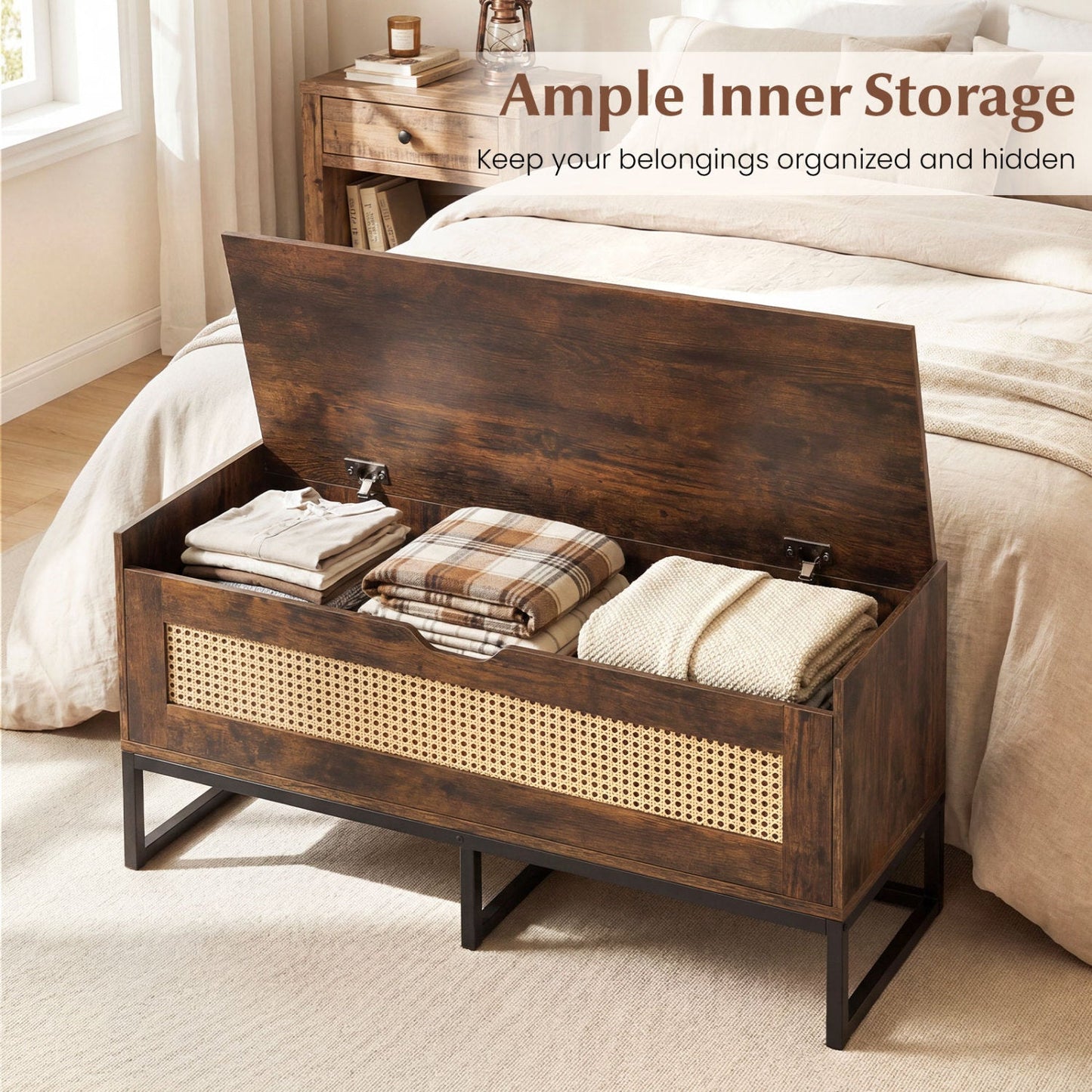 39.5" Rattan Storage Chest Wicker Shoe Bench with Padded Seat Flip-Top