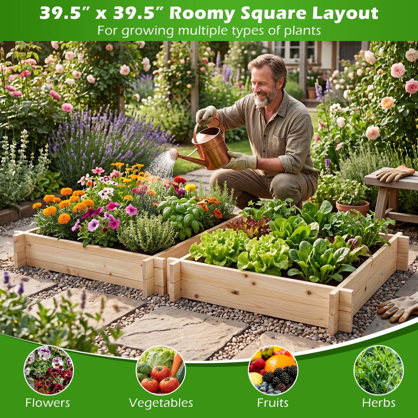 39.5" x 39.5" Square Wooden Raised Garden Bed