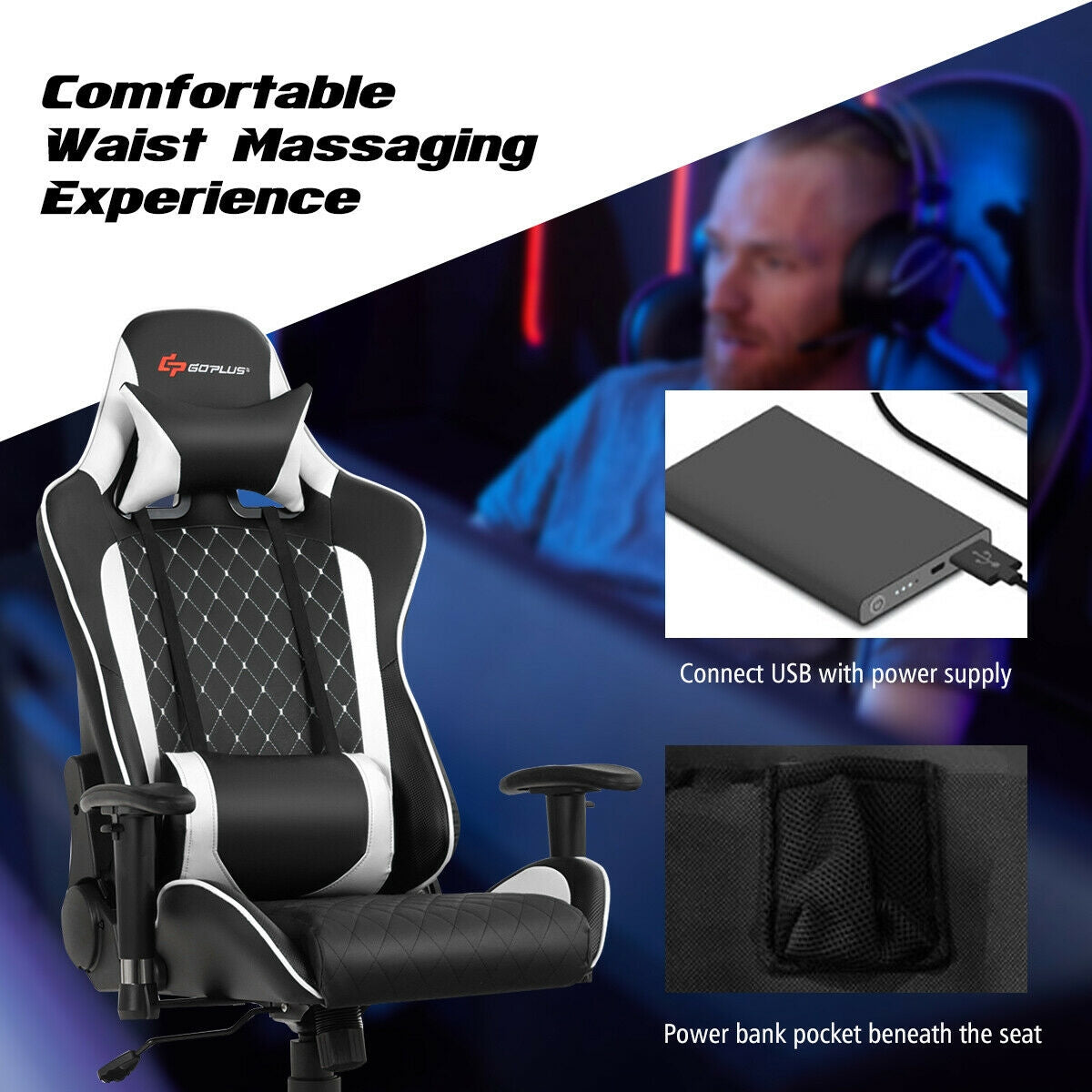 Gaming Chair with Massage Lumbar Support and Headrest