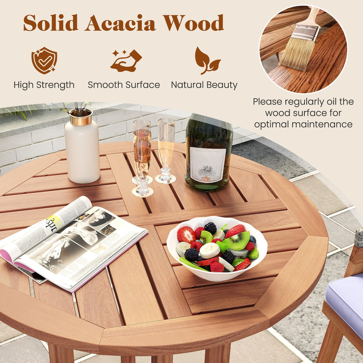 39 Inch Outdoor Acacia Wood Bar Table with Slatted Table Top