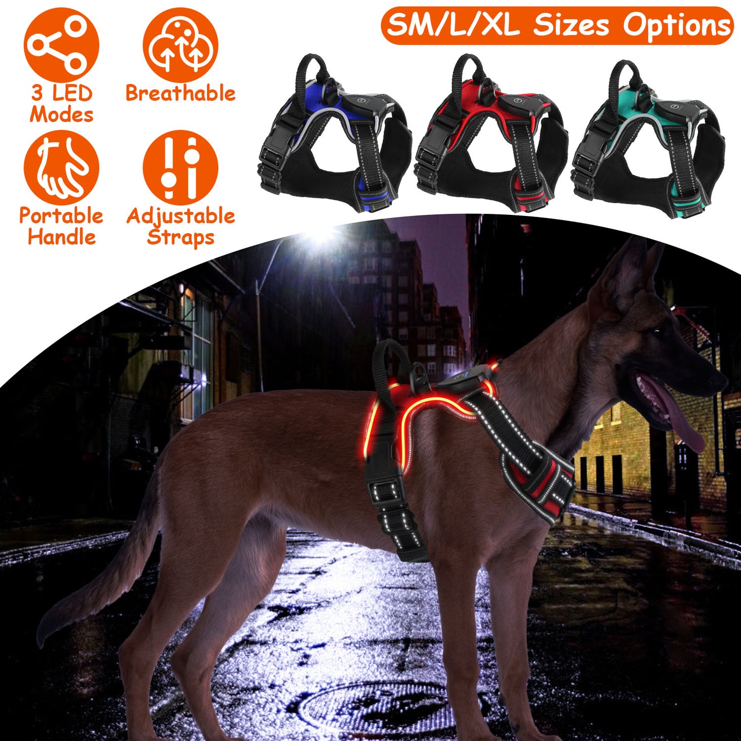 LED Dog Harness Rechargeable No-Pull Vest with Handle