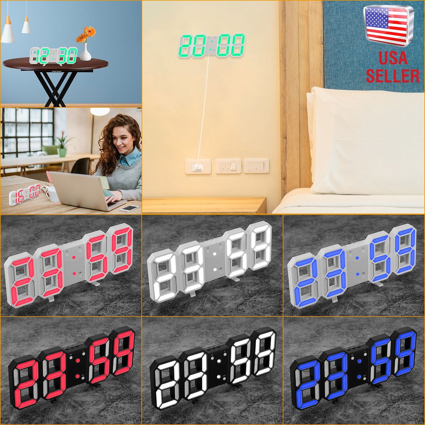 3D LED Digital Wall Clock with Sound Control and Temperature