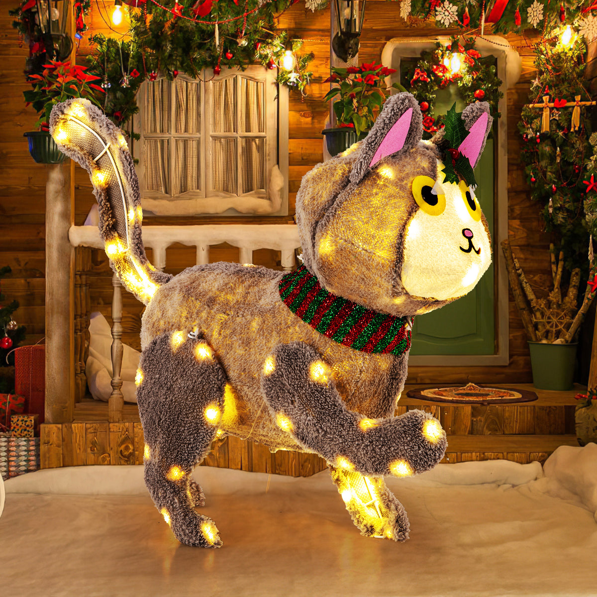 Pre-lit 88 LED Light Up 3D Cute Cat with Warm White Light and Plug
