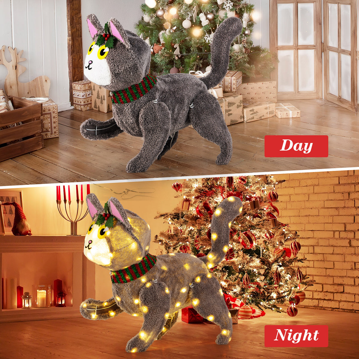 Pre-lit 88 LED Light Up 3D Cute Cat with Warm White Light and Plug
