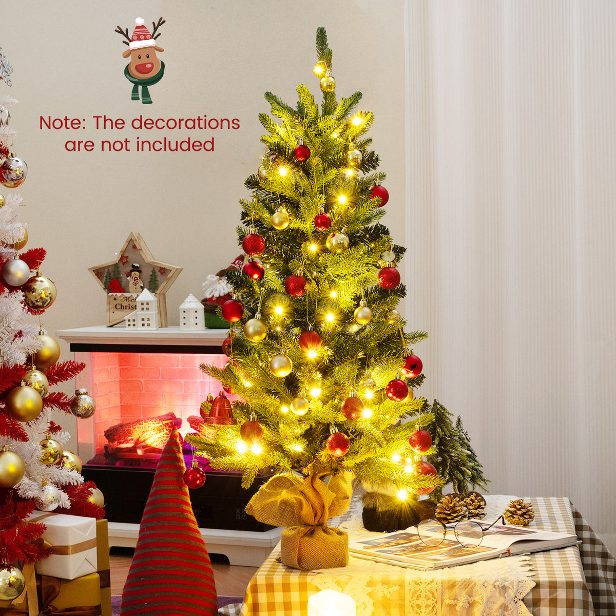 3 Feet Mini Pre-Lit Artificial Christmas Tree Tabletop Xmas Tree with Burlap Base