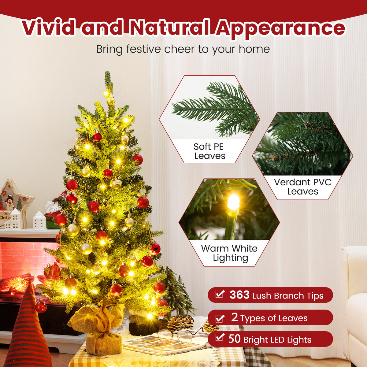 3 Feet Mini Pre-Lit Artificial Christmas Tree Tabletop Xmas Tree with Burlap Base
