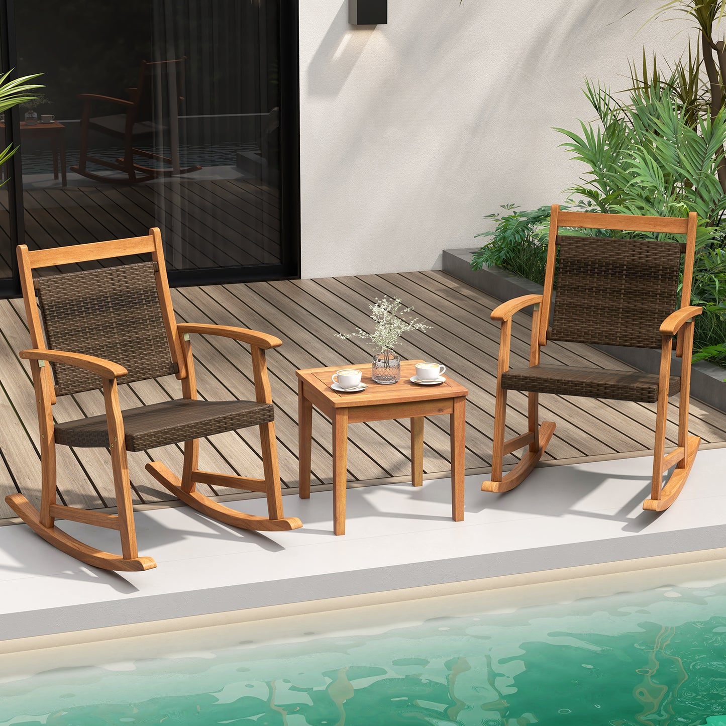 Acacia Wood Rocking Chair Set with Side Table - 3 Pieces